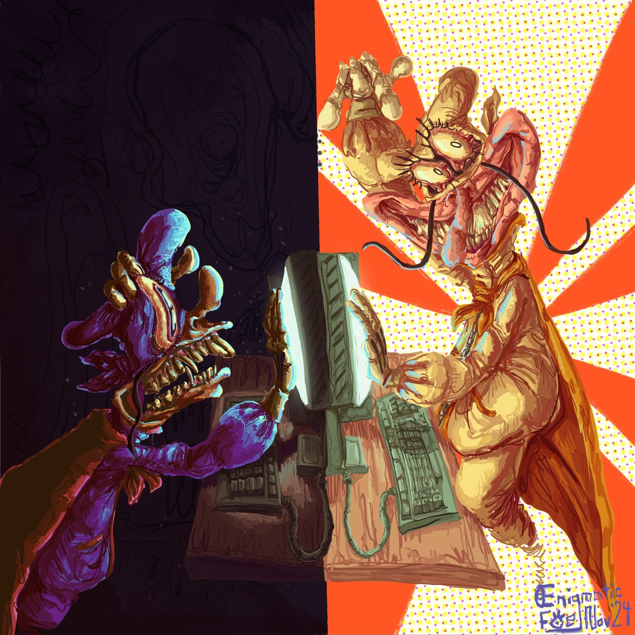 A painting titled, 'I'm Your Biggest Friend'. It consists of the Noise and Doise both placing their hands on their computer screens, and the painting is sectioned into two halves. The left side has the Doise in it, where she's placing a hand on her computer in darkness with a crazed and panicked expression. She has her other hand on her head. On the right side, the Noise is doing the same except he is smiling at the viewer while he does a 'rock on' gesture with his other hand. He also has his knees on his desk and the background on his side is yellow with orange triangles pointing towards the center. On the bottom right there is Xavier's signature, dating the piece to November 2024.